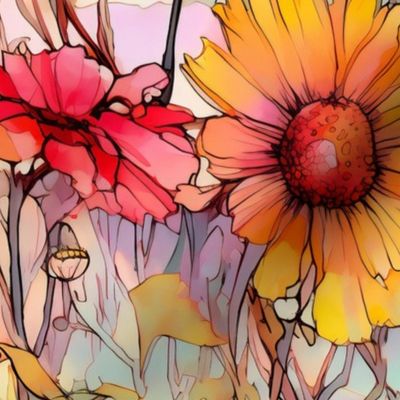 Wildflowers, Colorful Watercolor Flowers, Pink Orange Floral Wallpaper Fabric