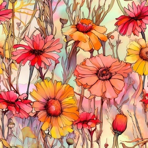 Wildflowers, Colorful Watercolor Flowers, Pink Orange Floral Wallpaper Fabric