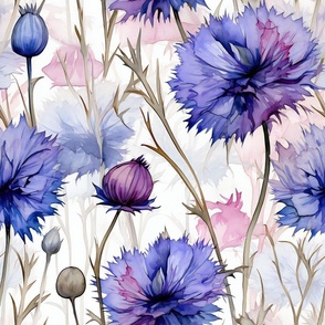 Bachelor Buttons Wildflowers, Colorful Watercolor Flowers, Purple Wallpaper Fabric