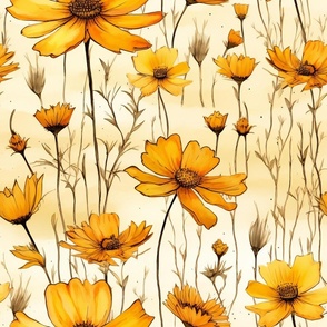 Wildflowers, Colorful Watercolor Flowers, Pretty Yellow Floral Wallpaper Fabric
