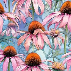 Coneflowers Wildflowers, Colorful Watercolor Flowers, Pink Floral Wallpaper Fabric
