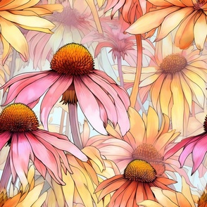 Coneflowers Wildflowers, Colorful Watercolor Flowers, Pink Yellow Floral Wallpaper Fabric
