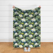 Water Lily Wildflowers, Colorful Watercolor Flowers, Green Lily Pad White Wallpaper Fabric