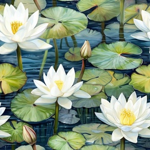 Water Lily Wildflowers, Colorful Watercolor Flowers, Green Lily Pad White Wallpaper Fabric