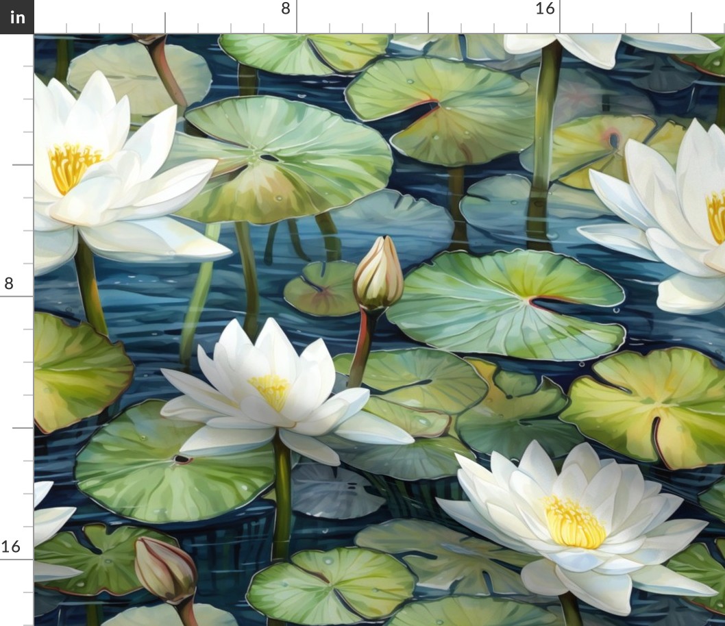 Water Lily Wildflowers, Colorful Watercolor Flowers, Green Lily Pad White Wallpaper Fabric