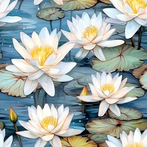 Water Lily Wildflowers, Colorful Watercolor Flowers, Green Blue Lily Pad White Wallpaper Fabric