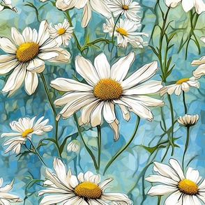 Daisy Daisies Wildflowers, Colorful Watercolor Flowers, White Blue Floral Wallpaper Fabric
