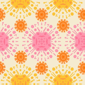 Inca-style-suns-in-soft-orange-and-pink-on-a-beige-white-background-XL-jumbo-scale-for-wallpaper