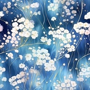 Babys Breath Wildflowers, Colorful Watercolor Flowers, White Blue Floral Wallpaper Fabric