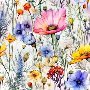 Wildflowers, Colorful Watercolor Flowers, Bright Spring Floral Wallpaper Fabric