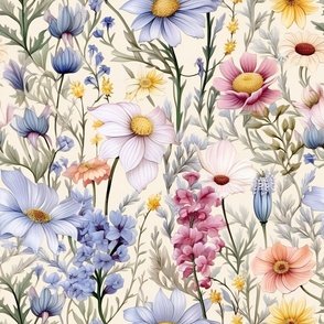 Wildflowers, Colorful Watercolor Flowers, Variety Floral Wallpaper Fabric
