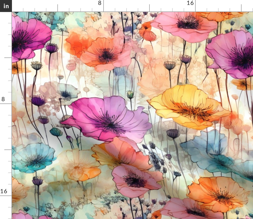 Wildflowers, Colorful Watercolor Flowers, Fun Multicolor Floral Wallpaper Fabric