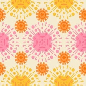 Inca-style-suns-in-soft-orange-and-pink-on-a-beige-white-background-XS-in-tiny-scale-for-patchwork