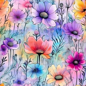 Wildflowers, Colorful Watercolor Flowers, Bright Painted Floral Wallpaper Fabric