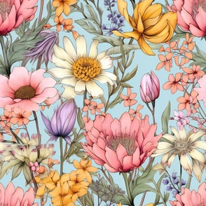 Wildflowers, Colorful Watercolor Flowers, Simple Pretty Floral Wallpaper Fabric