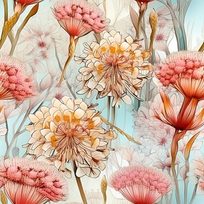 Egyptial Star Wildflowers, Colorful Watercolor Flowers, Pink Orange Floral Wallpaper Fabric