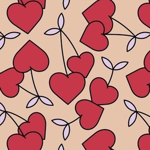 Retro groovy love cherries - heart shaped fruit design for valentine's Day red powder lilac on tan beige