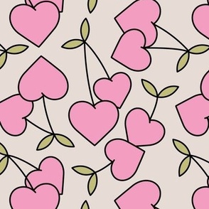 Retro groovy love cherries - heart shaped fruit design for valentine's Day pink matcha green on sand