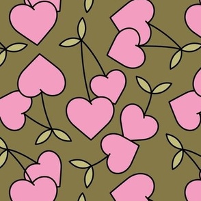 Retro groovy love cherries - heart shaped fruit design for valentine's Day pink matcha green on olive