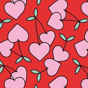 Retro groovy love cherries - heart shaped fruit design for valentine's Day pink blue on red