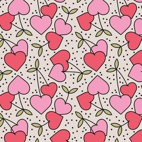 Retro groovy love cherries with polka dots - heart shaped fruit design for valentine's Day pink blush matcha green on sand