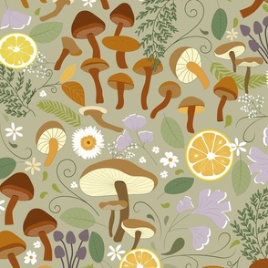 Mushrooms lemons flowers and leaves pattern