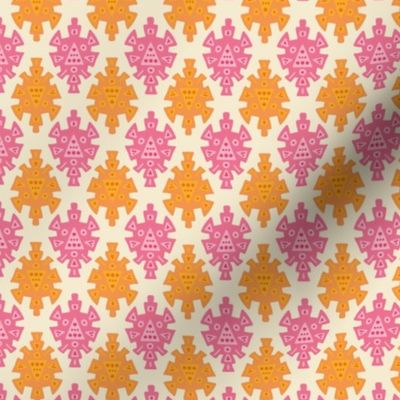 Inca-geometrics-in-soft-orange-pink-and-yellow-on-a-beige-background-XS-tiny-scale-for-patchwork-and-quilting