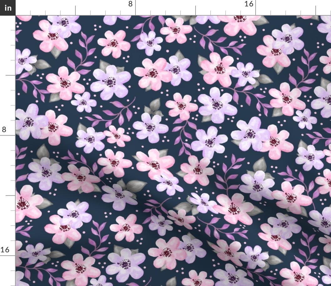 Large Scale Lavender Purple and Pink Watercolor Floral on Navy