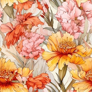 Star Cluster Wildflowers, Colorful Watercolor Flowers,Pink Orange Floral Wallpaper Fabric