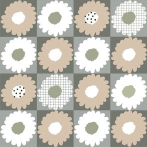 Retro Unicolor Vintage Checkered Floral Pattern with White, Sand Beige Daisy Flowers & Geometric Patterns on Pine Green, Pale Blue Checkerboard for Garden Upholstery, Kitchen Napkins, Kids Wallpaper and Playful Earthy Home Decor with Neutral Colors