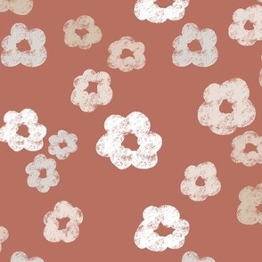 Small | Minimalistic Hand-Drawn Imperfect Wax Crayon Daisy Flowers in Off-White, Taupe Grey, Sand Beige, Ecru Cream Organic on Pale Red in Floral Farmhouse, Retro Country Home, Cottage Chic for Tablecloth, Playful Bedding, Romantic Cushions, Simple Curtai
