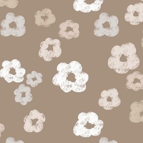 Small | Minimalistic Hand-Drawn Imperfect Wax Crayon Daisy Flowers in Off-White, Taupe Grey, Pastel Pink, Light Beige, Ecru Cream Organic on Dark Sand Beige Soft Terracotta in Floral Farmhouse, Retro Country Home, Cottage Chic for Tablecloth, Playful Bedd
