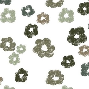 Small | Minimalistic Hand-Drawn Imperfect Wax Crayon Daisy Flowers in Sage Green, Olive Green, Pine Green, Forest Green, Mint Green Organic on White in Floral Farmhouse, Retro Country Home, Cottage Chic for Tablecloth, Playful Bedding, Romantic Cushions, 