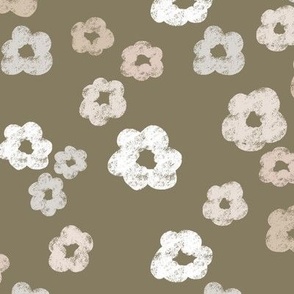 Small | Minimalistic Hand-Drawn Imperfect Wax Crayon Daisy Flowers in Off-White, Taupe Grey, Pastel Pink, Light Beige, Ecru Cream Organic on Sage Green, Olive Green in Floral Farmhouse, Retro Country Home, Cottage Chic for Tablecloth, Playful Bedding, Rom