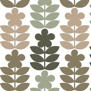 Small | Folk Art Floral Pattern with Latte Cream, Olive Green, Sage Green, Sand Beige Flowers in Vertical Stripe Rows on Off-White in Minimalistic Farm House, Romantic Country Chic, Retro Cottage Style for Garden Textile, Bathroom Wallpaper, 60s Cushion