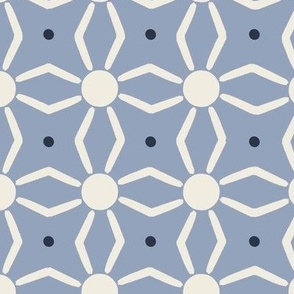 Retro Chic Geometric Sun Pattern with Abstract Earthy Ecru Ivory Off-White Sunshine, Cobalt Blue Dots on Muted Sky Blue Baby Blue in Minimalistic Scandi Chic, Unicolor Japandi, Vintage Cottage Style for Boho Kitchen, Modern Bathroom, Folk Art Home Decor