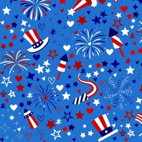 Red White Blue White Independence Fireworks and Stars on Blue Pattern Print