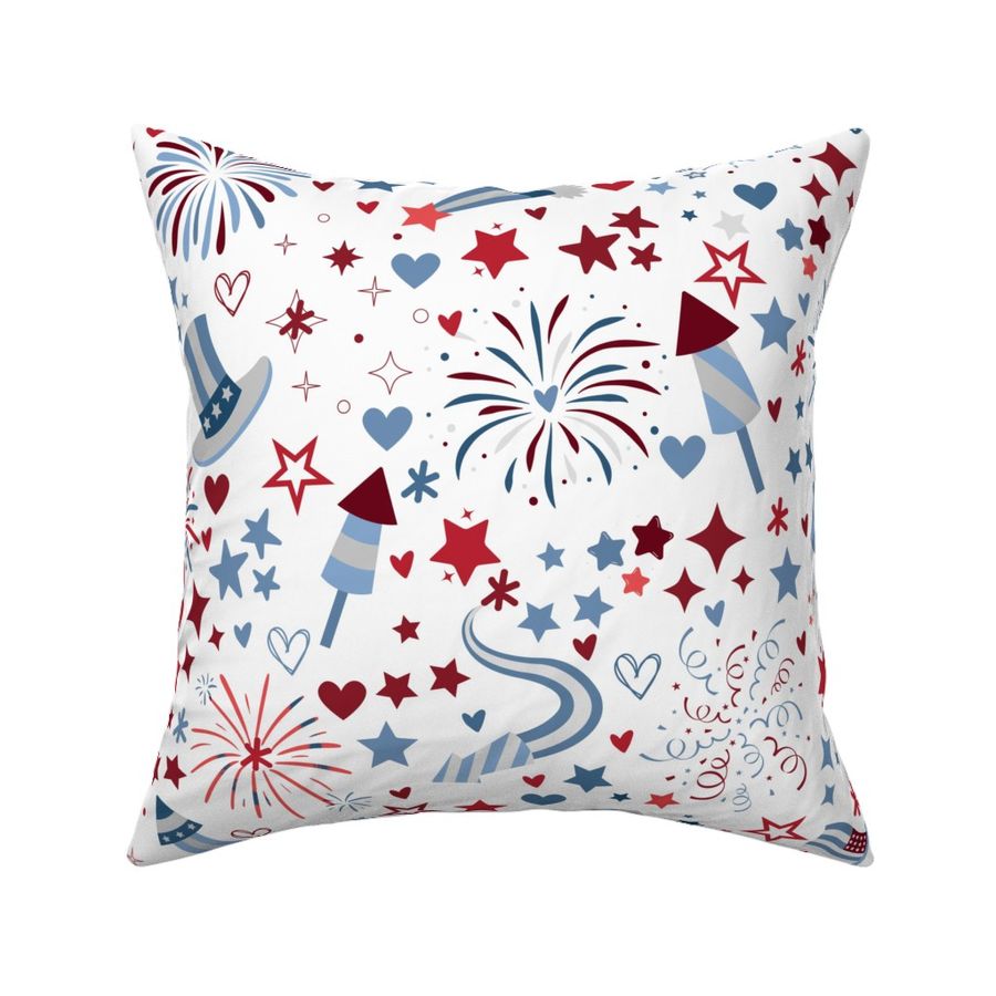 Red White Blue White Pale Washed Freedom Fireworks and Stars Pattern Print