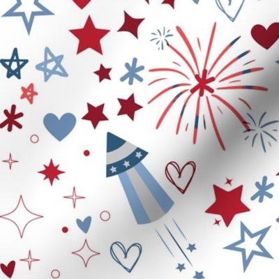 Red White Blue White Pale Washed Freedom Fireworks and Stars Pattern Print