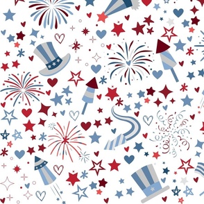Red White Blue White Pale Washed Freedom Fireworks and Stars Pattern Print