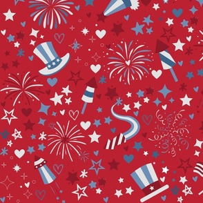 Red White Blue White Pale Washed Freedom Fireworks and Stars on Red Pattern Print