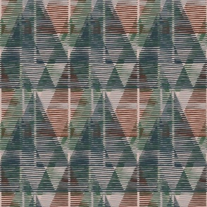 Hand Drawn Abstract Linear Triangles Of Blue, Grey, Sage Green And Rust Orange Small