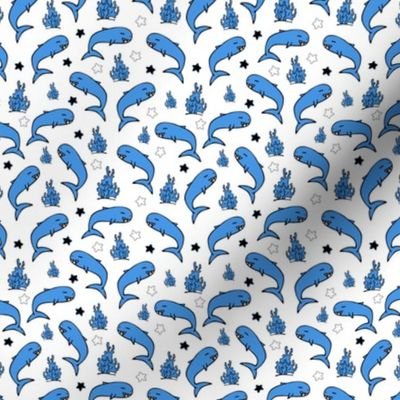 Whales Seamless Pattern. Background with Hand Drawn Doodle Cute Whales, Corals and Sea Stars.