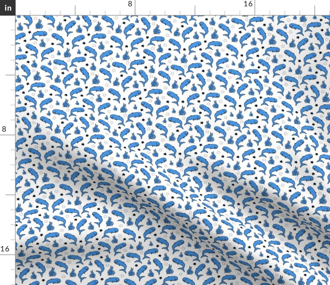 Whales Seamless Pattern. Background with Hand Drawn Doodle Cute Whales, Corals and Sea Stars.