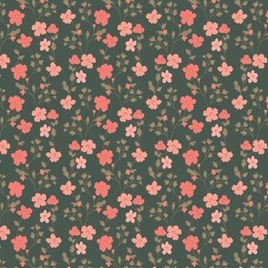 Vintage flowers. Dark green and pink pattern. Small scale