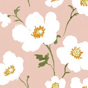 large-scale buttercups in fresh white on soft blush with tangerine, olive and lime