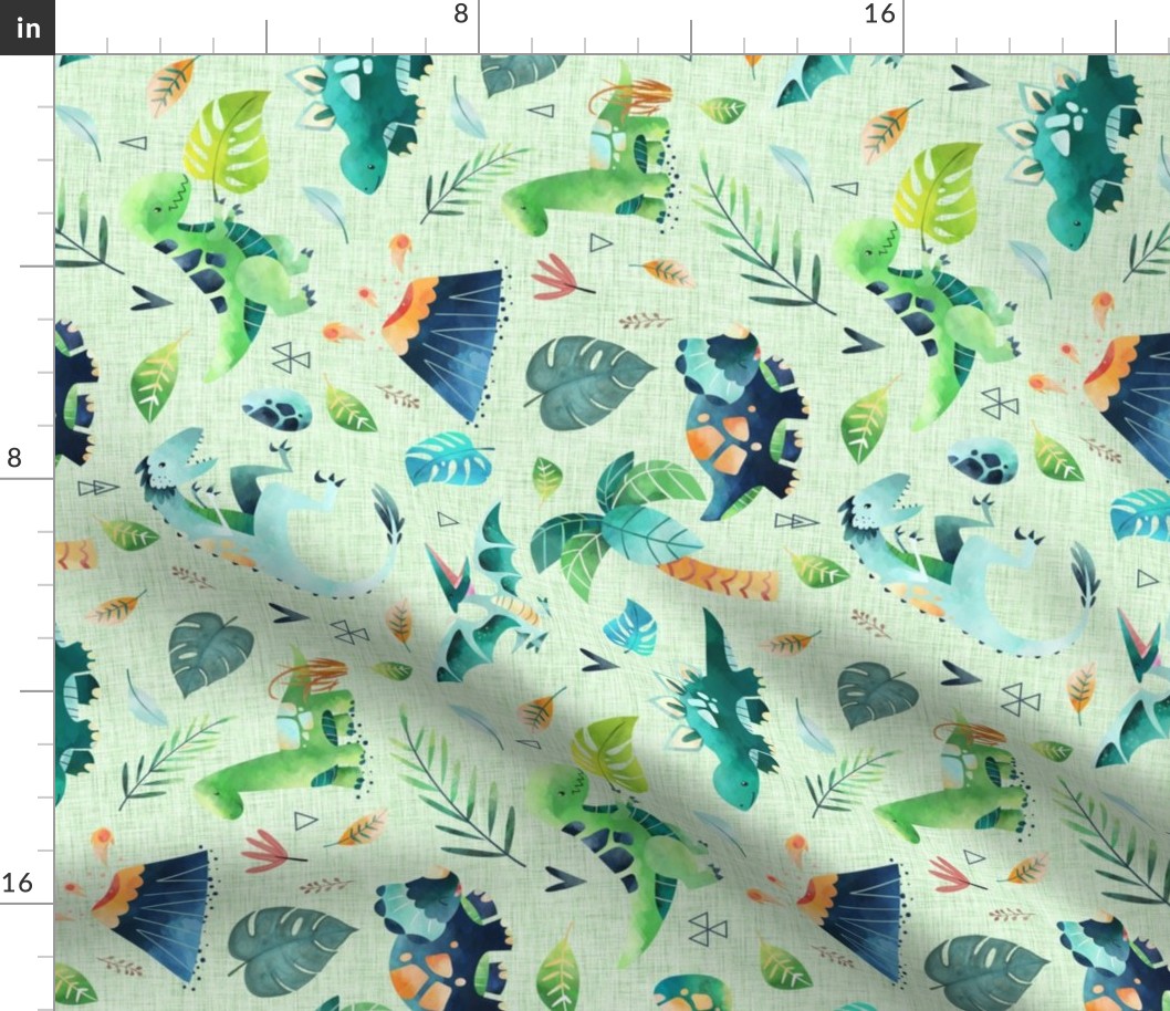 Dinosaurs – Dinosaur Fabric, Baby Boy Fabric, Dinosaur Bedding, Nursery Design Teal Blue Green Dinos (large, green linen) ROTATED