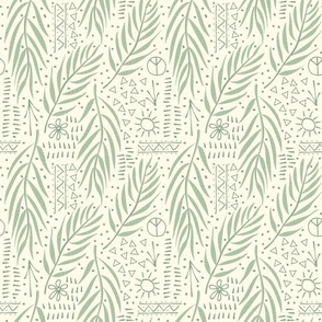 (M):Peace, Love, Leaves 60s/70s Doodles Green on Cream Celebrating Mother Earth