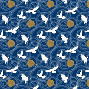 Hawks Fly (M) in Moonlight Cobalt Blue  and White with Gold Birds in Flight