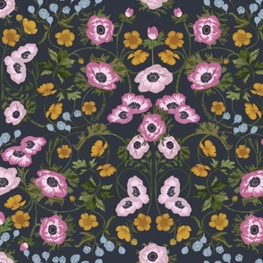 Muted Vintage Anemones, Delphinium  & Buttercups  Arts and Crafts Scroll Style; Pink, Purple, Lilac, Yellow Green on Navy